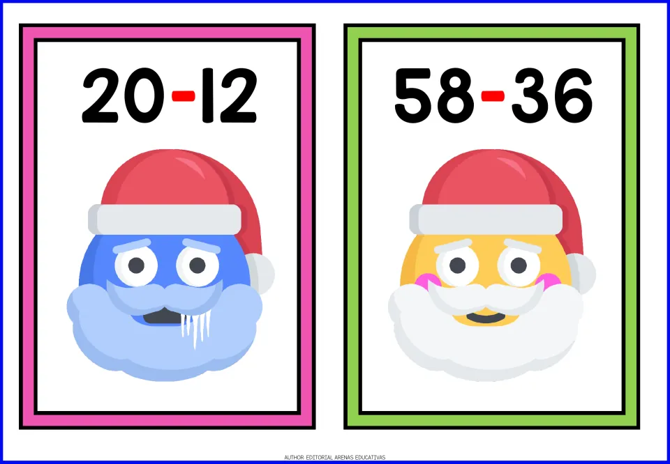 Christmas subtraction flashcards 1–2 feature the problems 20 − 12 and 58 − 36 above Santa faces.