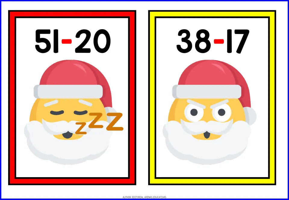 Christmas subtraction flashcards 3–4 feature the problems 51 − 20 and 38 − 17 above Santa faces.