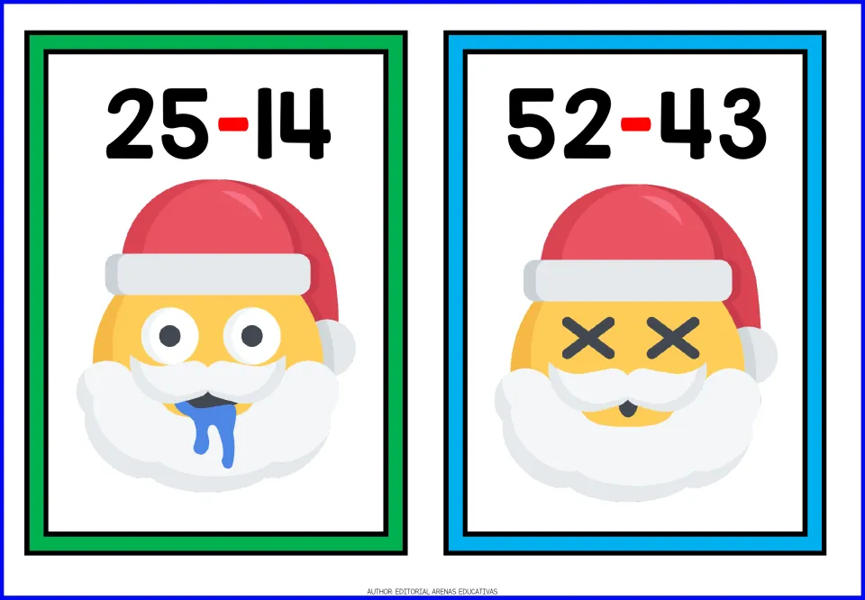 Christmas subtraction flashcards 5–6 feature the problems 25 − 14 and 52 − 43 above Santa faces.