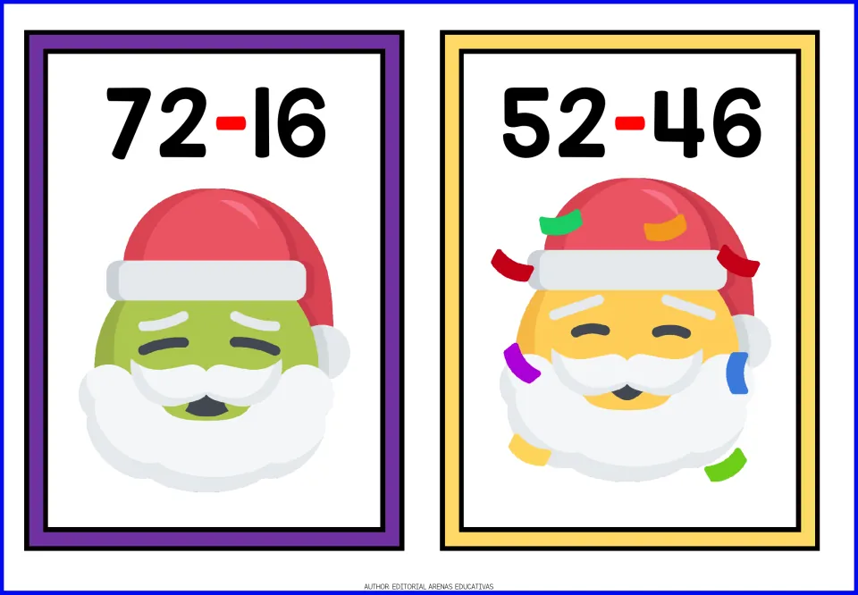 Christmas subtraction flashcards 7–8 feature the problems 72 − 16 and 52 − 46 above Santa faces.