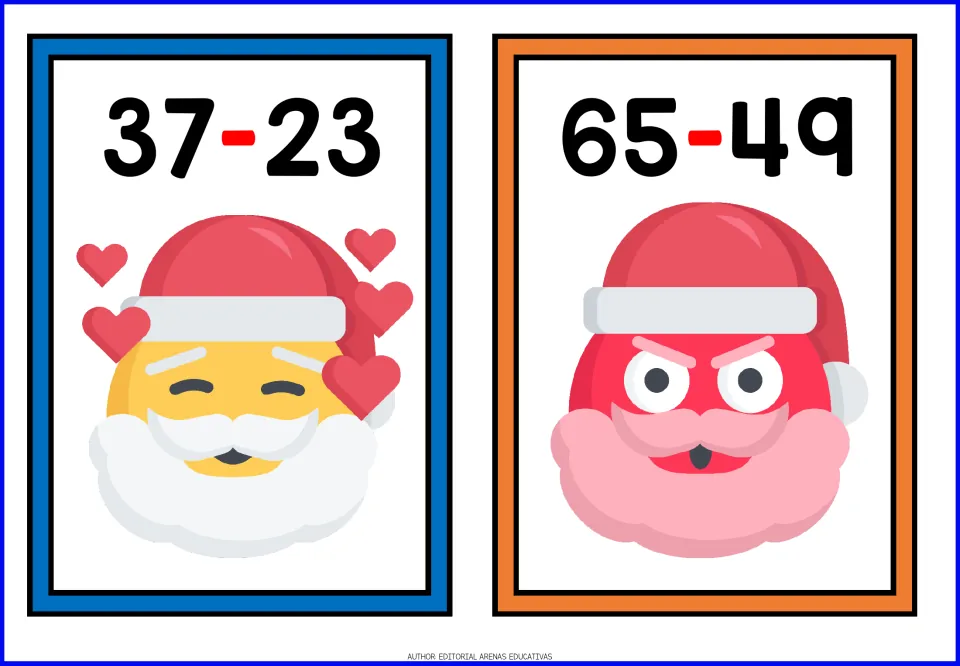 Christmas subtraction flashcards 9–10 feature the problems 37 − 23 and 65 − 49 above Santa faces.