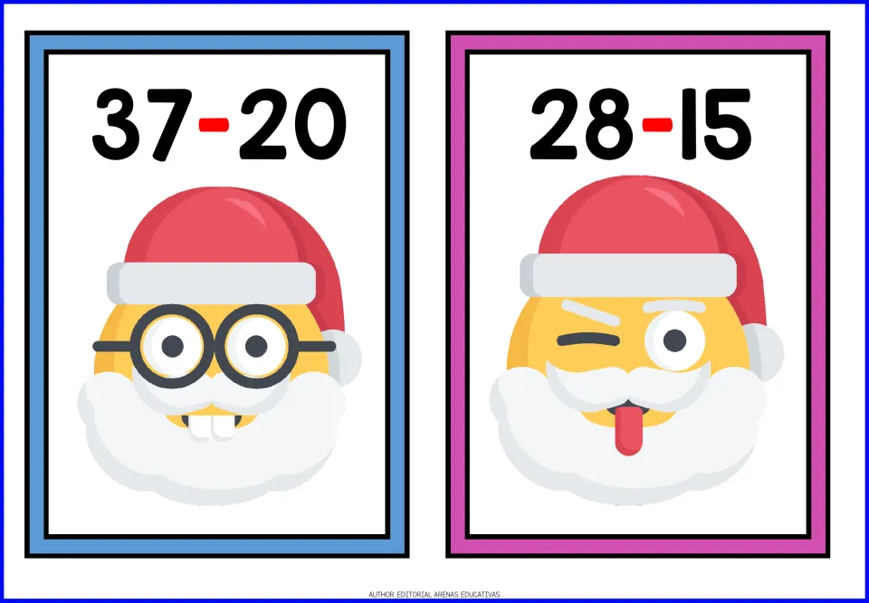 Christmas subtraction flashcards 11–12 feature the problems 37 − 20 and 28 − 15 above Santa faces.
