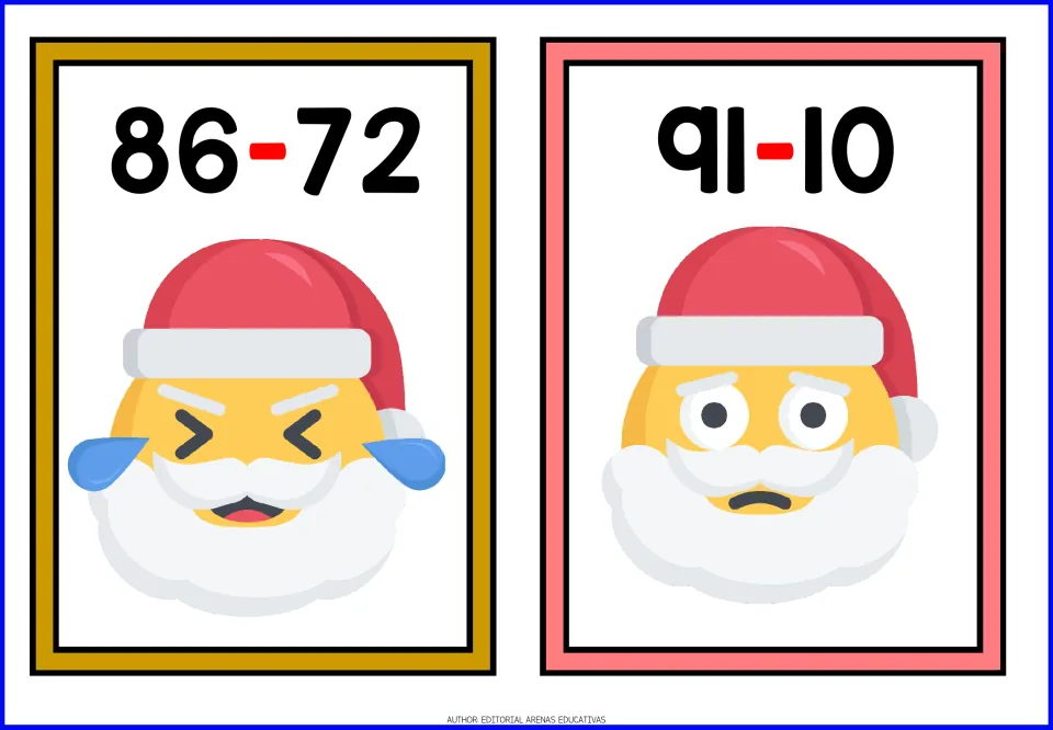Christmas subtraction flashcards 13–14 feature the problems 86 − 72 and 91 − 10 above Santa faces.