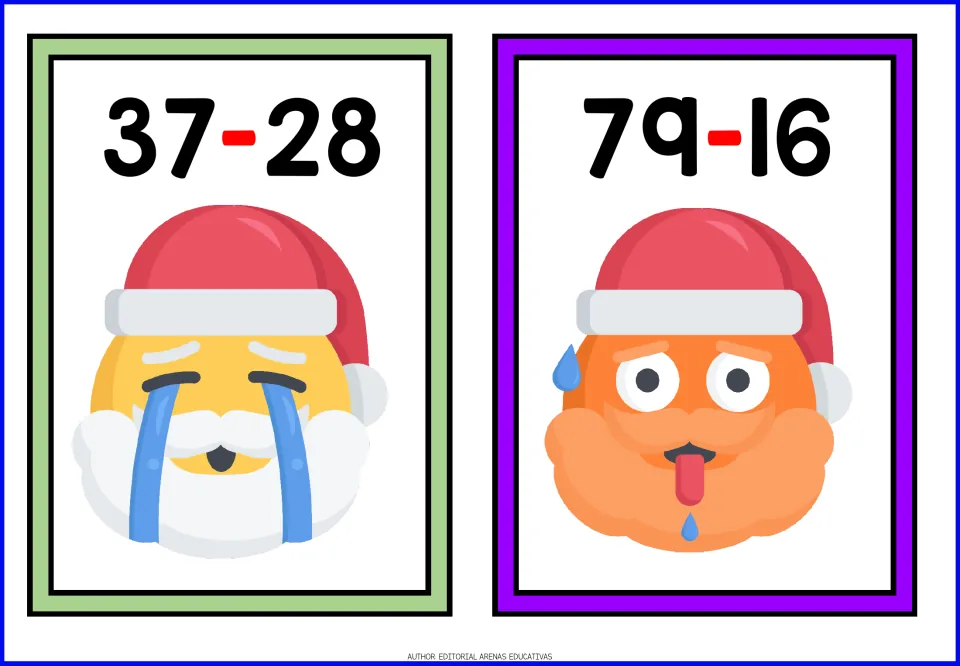 Christmas subtraction flashcards 15–16 feature the problems 37 − 28 and 79 − 16 above Santa faces.