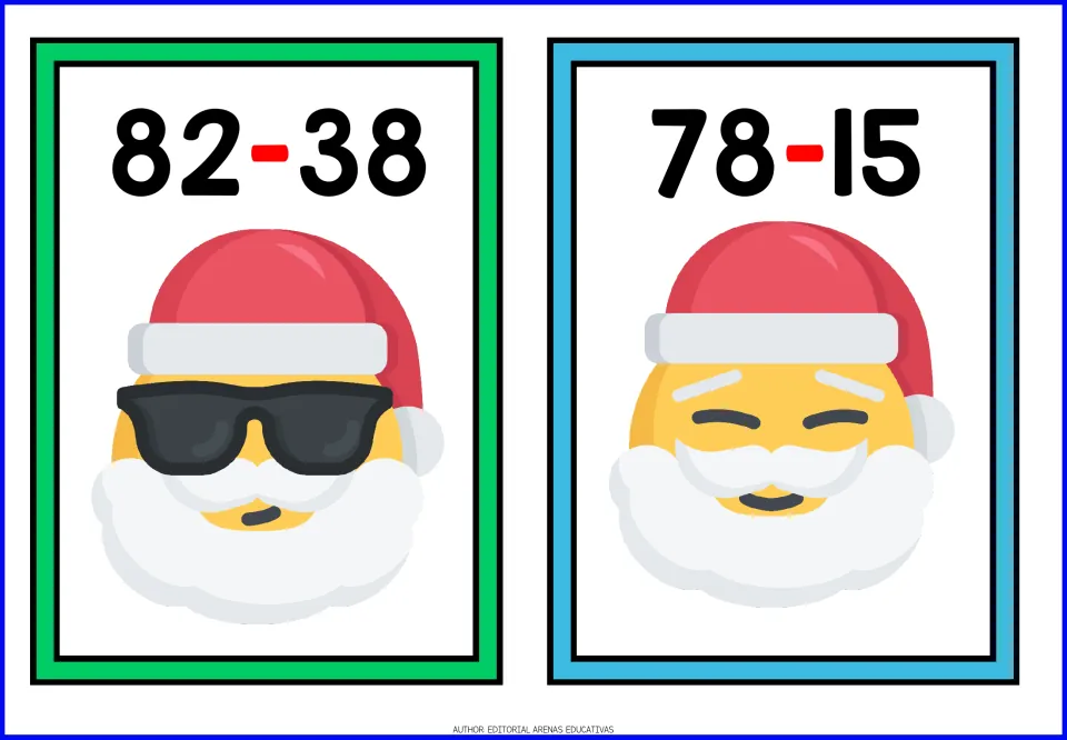 Christmas subtraction flashcards 17–18 feature the problems 82 − 38 and 78 − 15 above Santa faces.