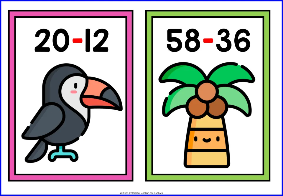 Subtraction flashcards 1–2: 20 minus 12 paired with a toucan and 58 minus 36 paired with a coconut palm tree