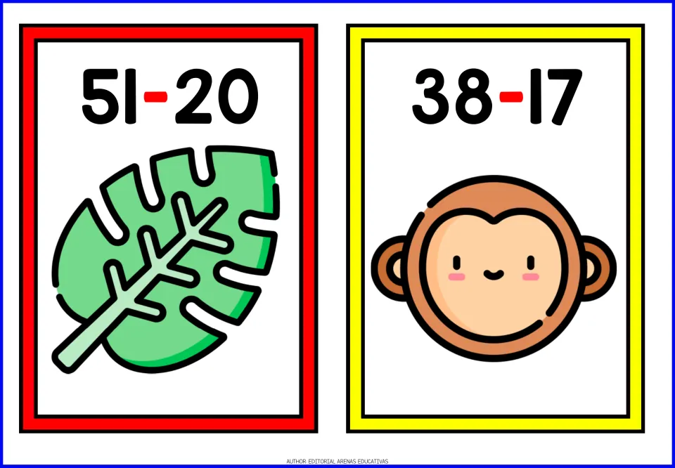 Subtraction flashcards 3–4: 51 minus 20 paired with a tropical leaf and 38 minus 17 paired with a monkey