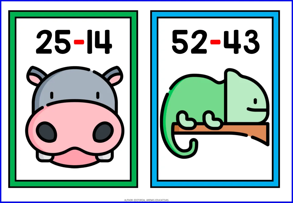 Subtraction flashcards 5–6: 25 minus 14 paired with a hippo and 52 minus 43 paired with a chameleon on a branch