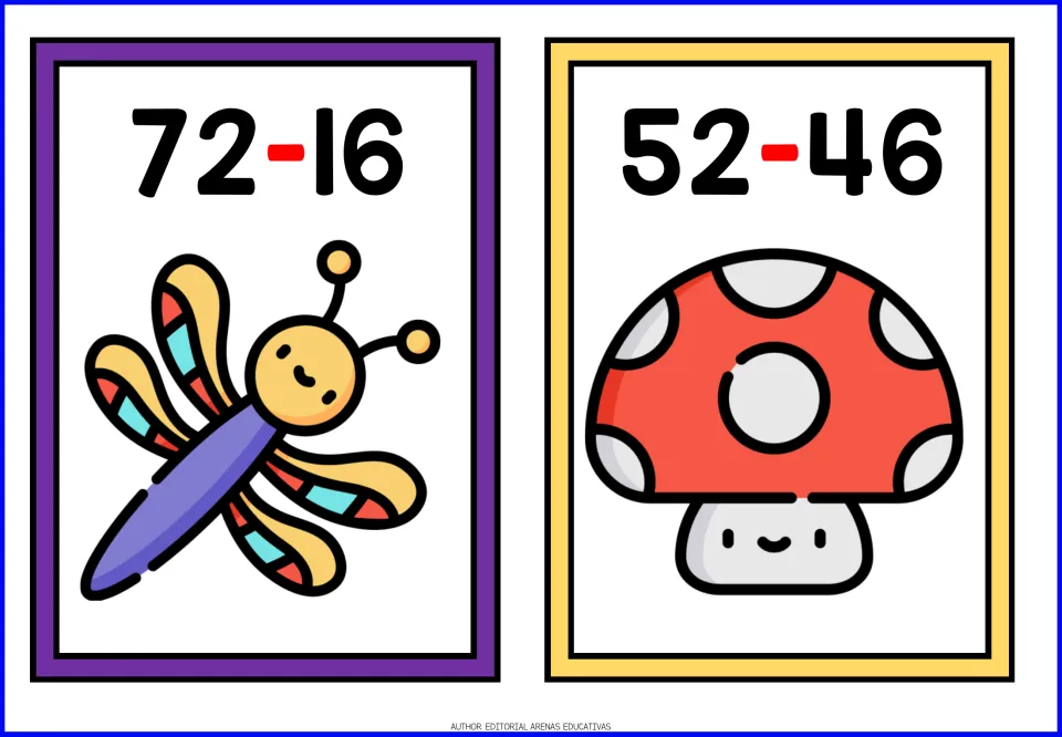 Subtraction flashcards 7–8: 72 minus 16 paired with a dragonfly and 52 minus 46 paired with a spotted mushroom