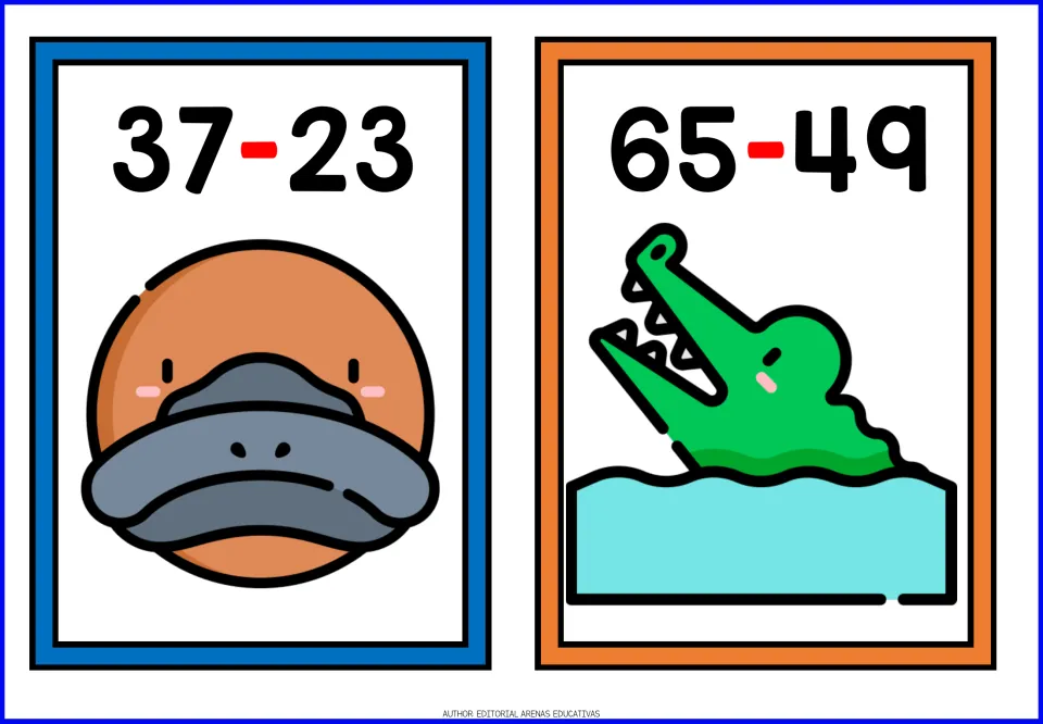 Subtraction flashcards 9–10: 37 minus 23 paired with a platypus and 65 minus 49 paired with a crocodile