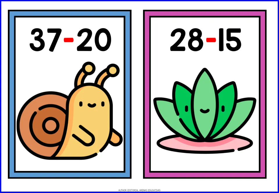 Subtraction flashcards 11–12: 37 minus 20 paired with a snail and 28 minus 15 paired with a green plant