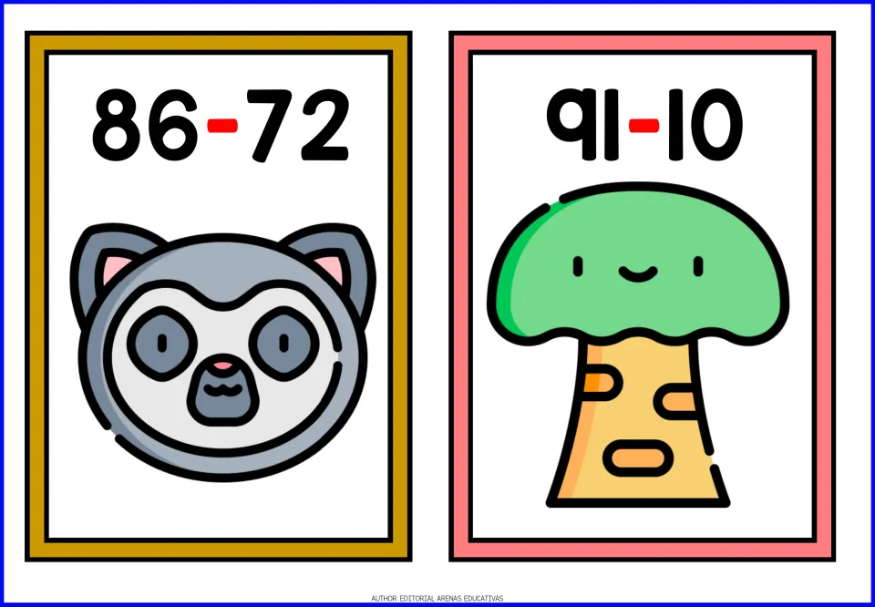 Subtraction flashcards 13–14: 86 minus 72 paired with a lemur face and 91 minus 10 paired with a tree