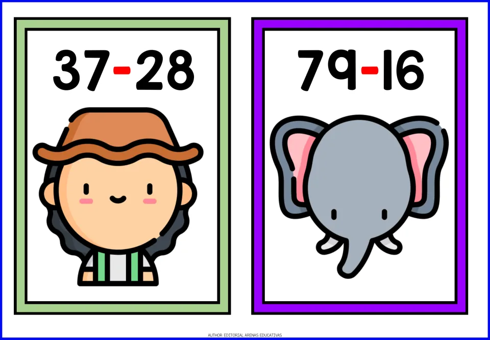 Subtraction flashcards 15–16: 37 minus 28 paired with an explorer and 79 minus 16 paired with an elephant