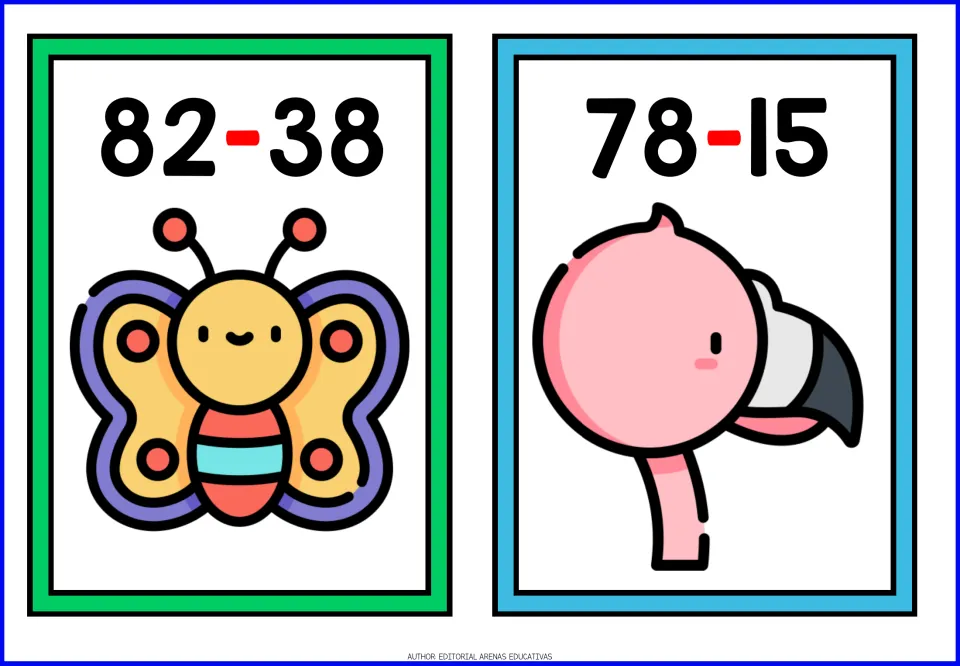 Subtraction flashcards 17–18: 82 minus 38 paired with a butterfly and 78 minus 15 paired with a flamingo