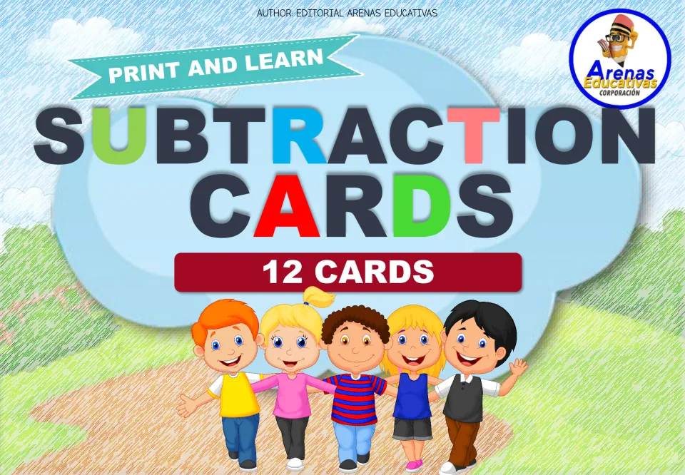 Cover of Subtraction Cards, Print and Learn, 12 cards, from Arenas Educativas, with five smiling cartoon children