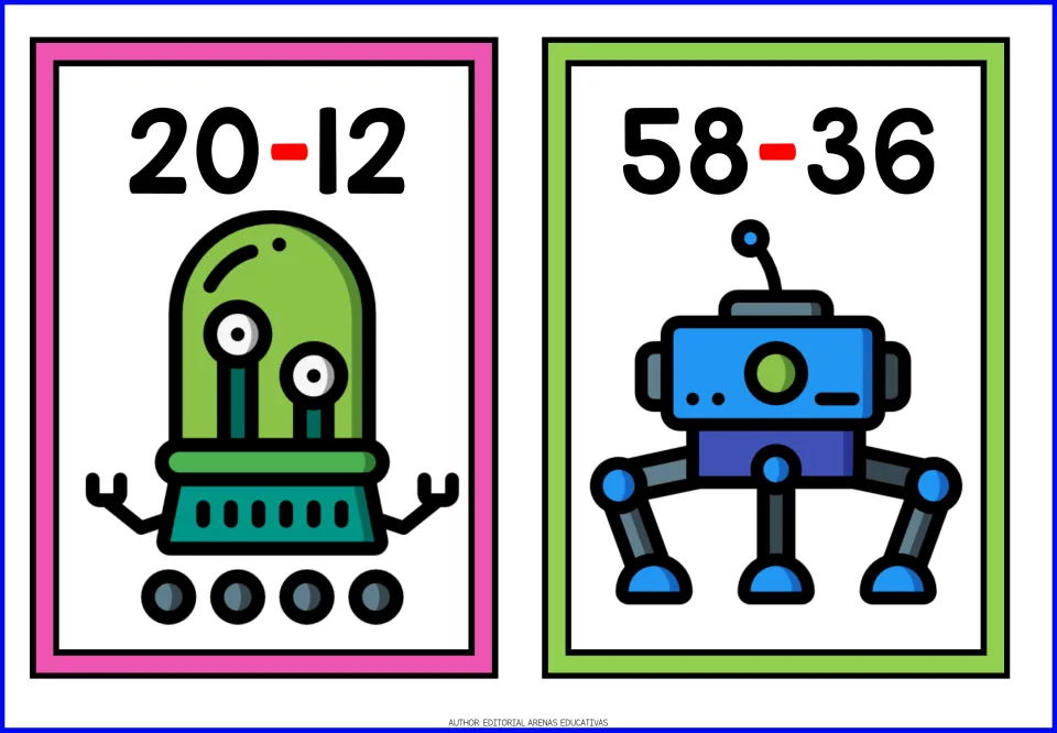 Two-digit subtraction flashcards 20 - 12 and 58 - 36, each shown above a robot: a green dome robot and a blue walker