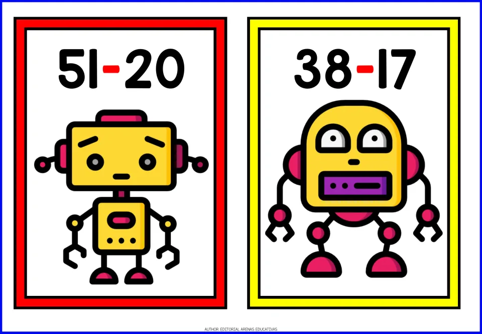 Subtraction flashcards 51 - 20 and 38 - 17, each with a yellow robot, for practising 2-digit differences without regrouping