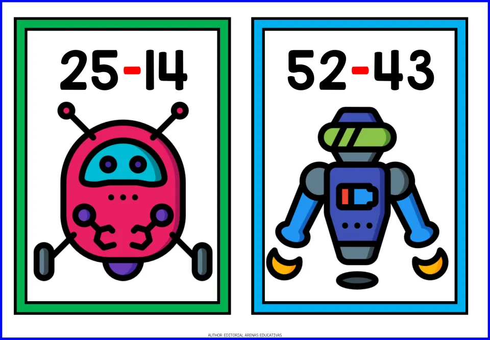 Subtraction flashcards 25 - 14 and 52 - 43 with a pink round robot and a blue hovering robot; 52 - 43 needs regrouping
