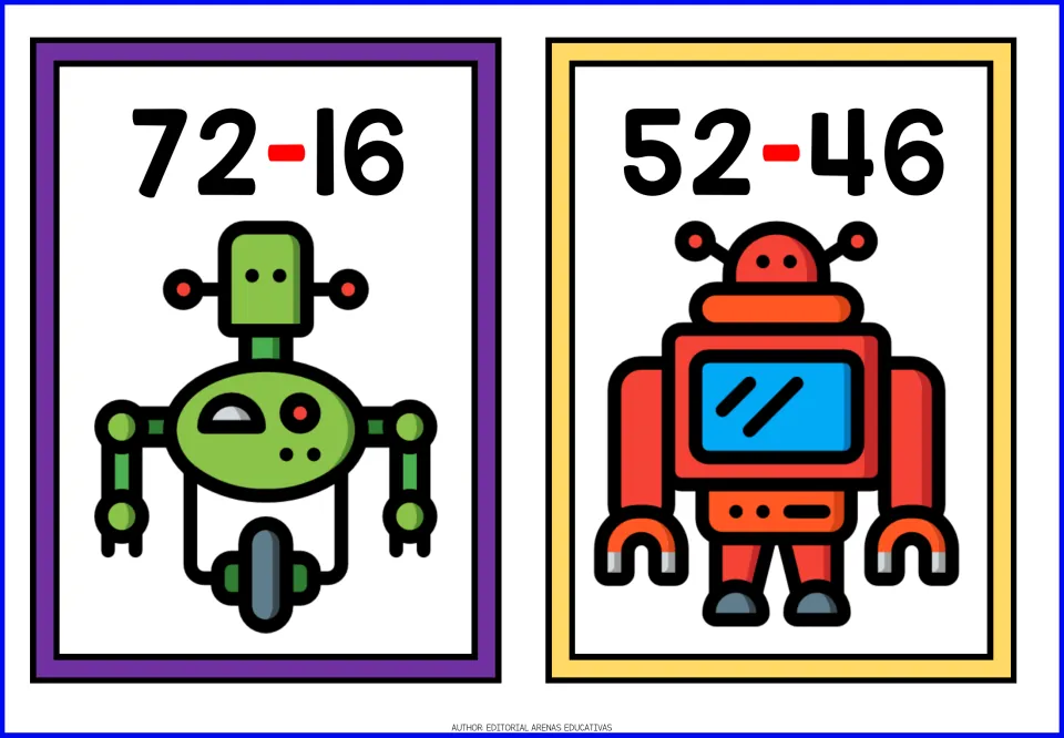 Subtraction flashcards 72 - 16 and 52 - 46, both requiring regrouping, shown with a green one-wheel robot and a red robot