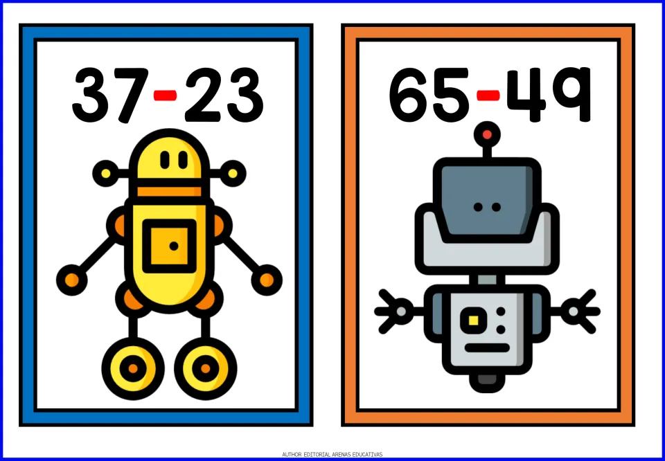 Subtraction flashcards 37 - 23 and 65 - 49 pictured with a yellow wheeled robot and a gray robot with an antenna