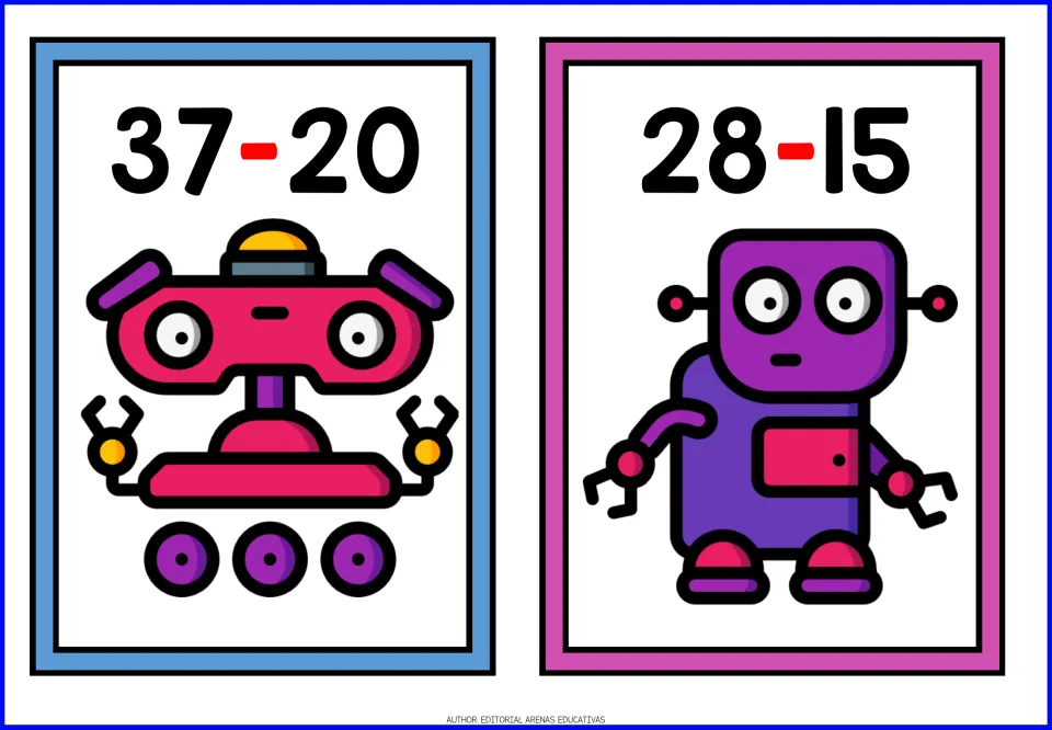 Subtraction flashcards 37 - 20 and 28 - 15 with a pink robot on wheels and a purple robot, for subtracting tens and ones