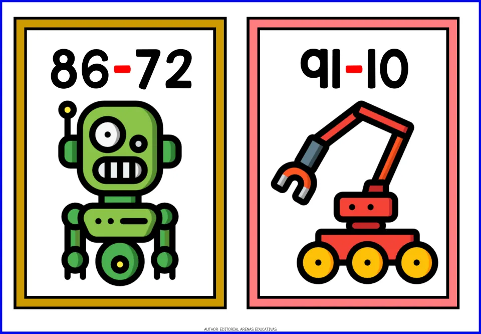 Subtraction flashcards 86 - 72 and 91 - 10, shown with a green one-eyed robot and a red robotic arm on wheels