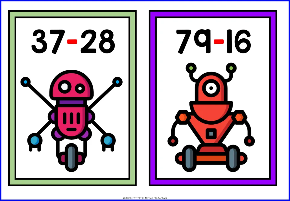 Subtraction flashcards 37 - 28 and 79 - 16, illustrated with a pink spider-legged robot and a red one-eyed robot