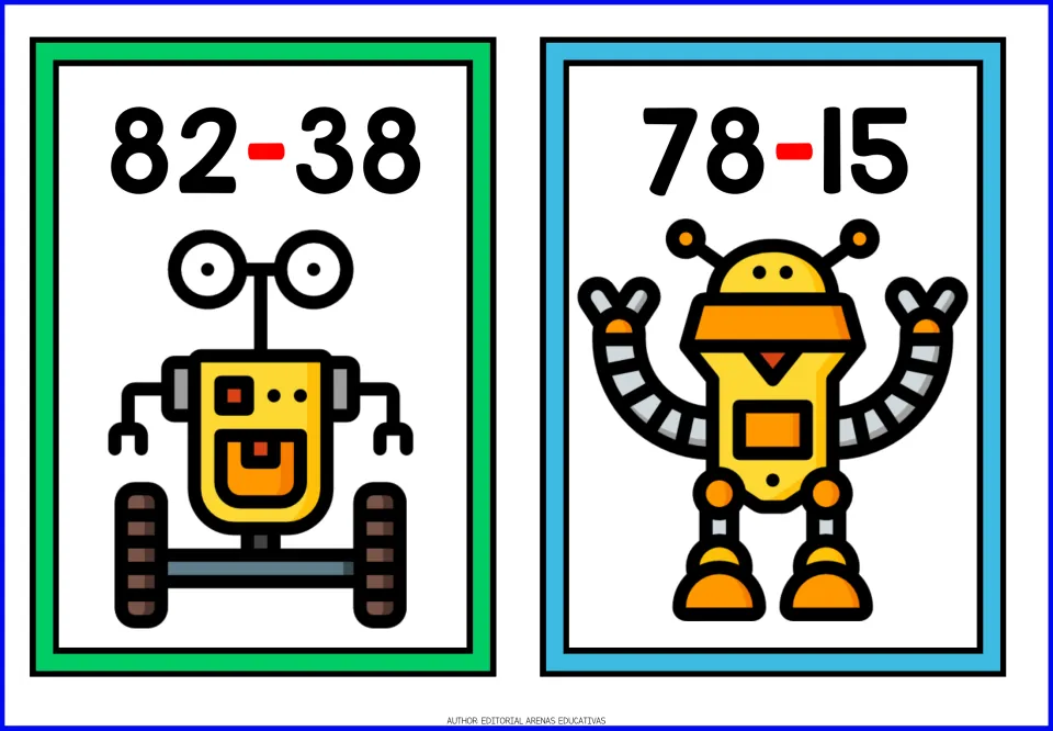 Subtraction flashcards 82 - 38 and 78 - 15 with a yellow wheeled robot and an orange robot raising its arms
