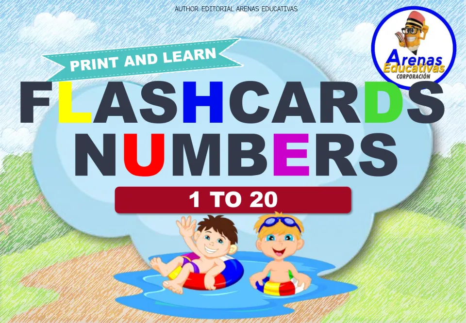 Cover: Print and Learn flashcards for numbers 1 to 20 by Arenas Educativas, showing two cartoon boys floating in a pool