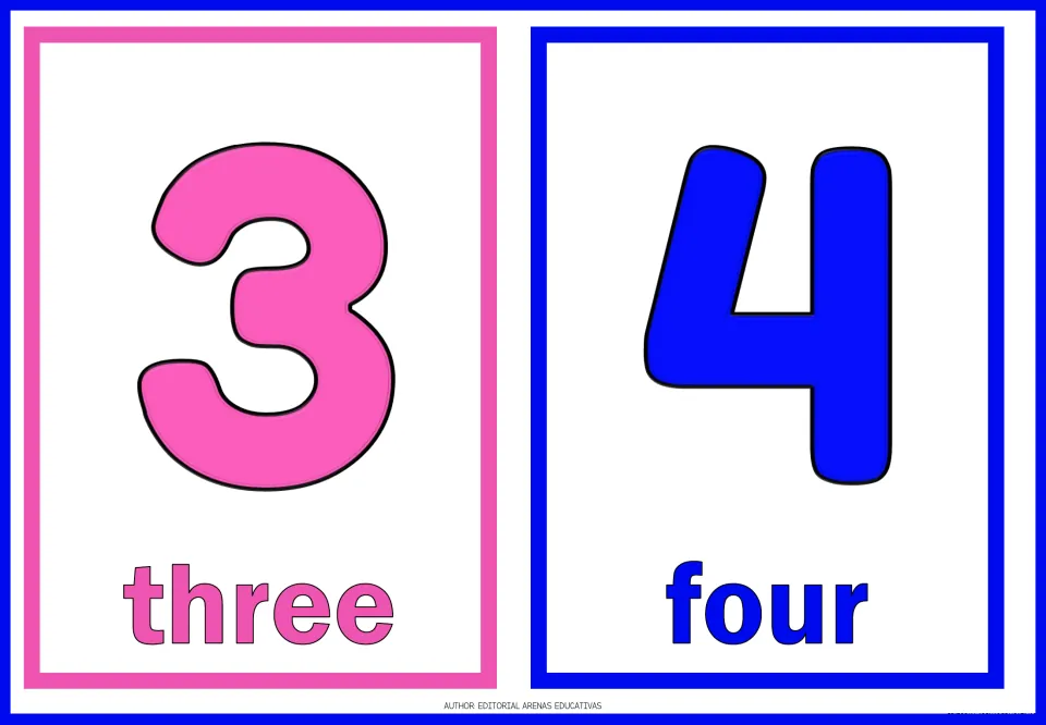 Numbers 3 and 4: flashcards show a pink 3 labeled three and a blue 4 labeled four for matching numerals to words