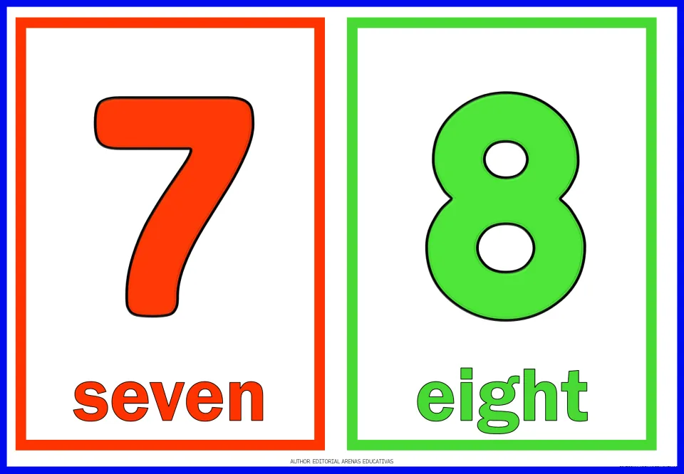Numbers 7 and 8: flashcards match the numeral 7 to the word seven and the numeral 8 to the word eight