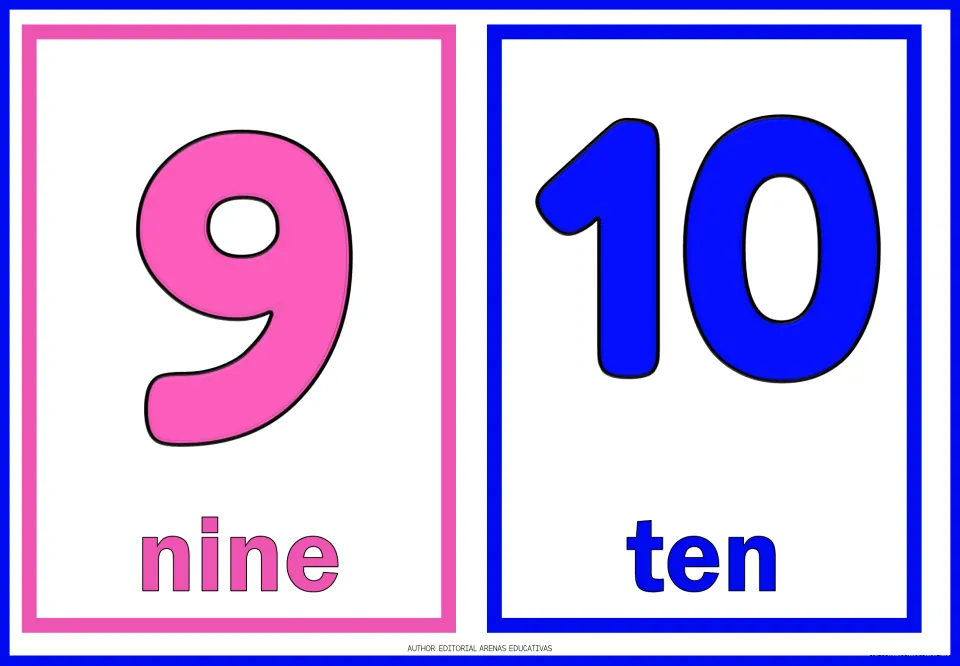 Numbers 9 and 10: flashcards show the numerals 9 and 10 above the number words nine and ten for recognition