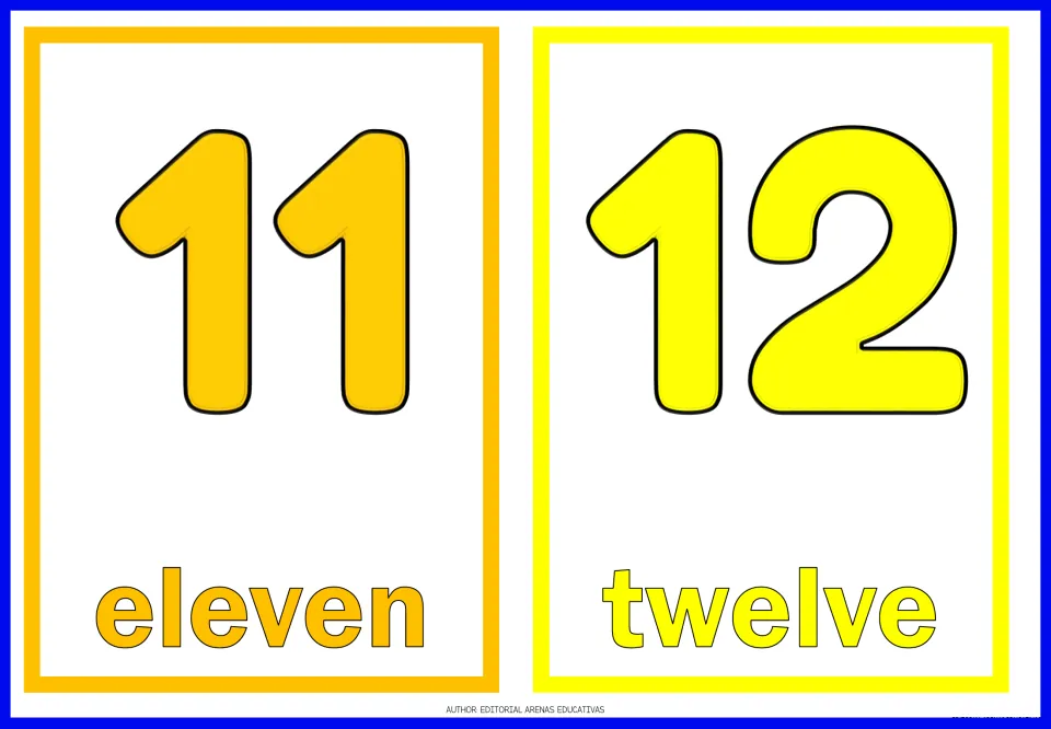 Numbers 11 and 12: two-digit flashcards pairing the numerals 11 and 12 with the number words eleven and twelve