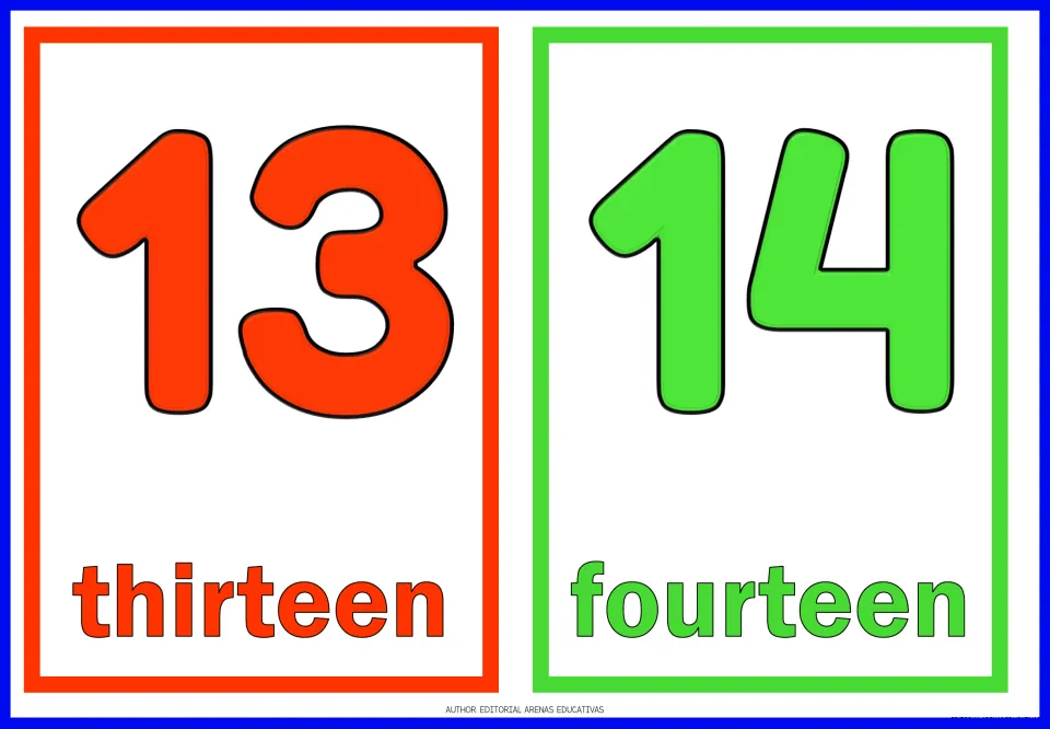 Numbers 13 and 14: flashcards pair the numerals 13 and 14 with the words thirteen and fourteen for reading teens
