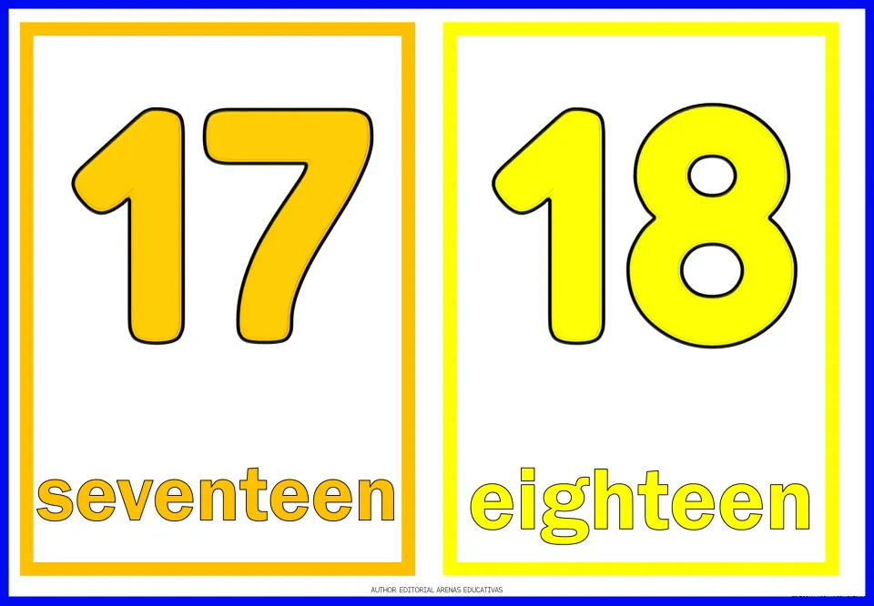 Numbers 17 and 18: flashcards show 17 labeled seventeen and 18 labeled eighteen for teen number word practice