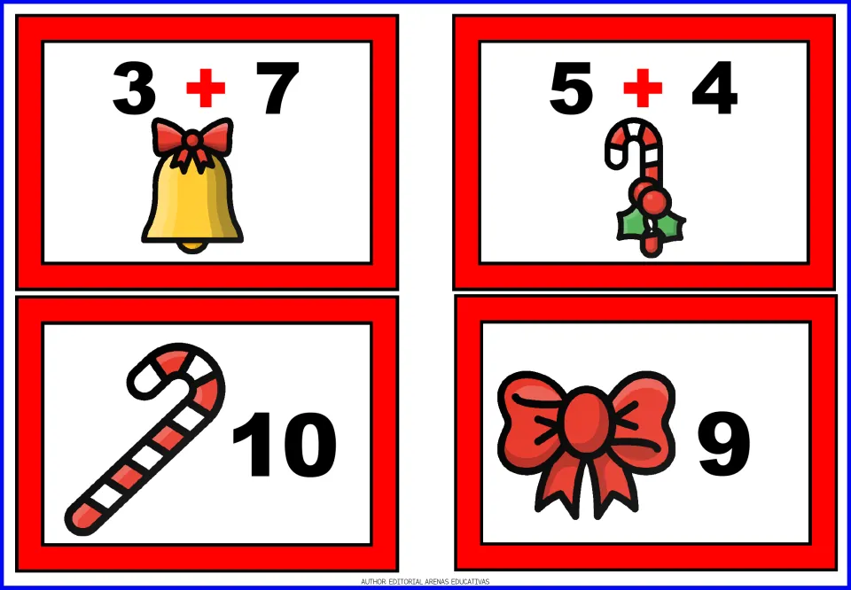 Christmas addition cards for 3 + 7 and 5 + 4, plus sum cards showing 10 with a candy cane and 9 with a bow