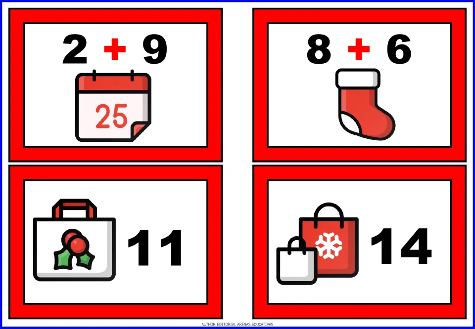 Christmas addition cards for 2 + 9 and 8 + 6, plus sum cards showing 11 and 14 beside holiday shopping bags