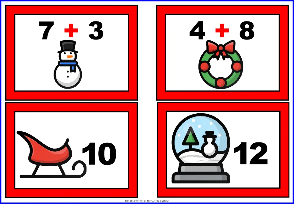 Christmas addition cards for 7 + 3 and 4 + 8, plus sum cards showing 10 with a sleigh and 12 with a snow globe