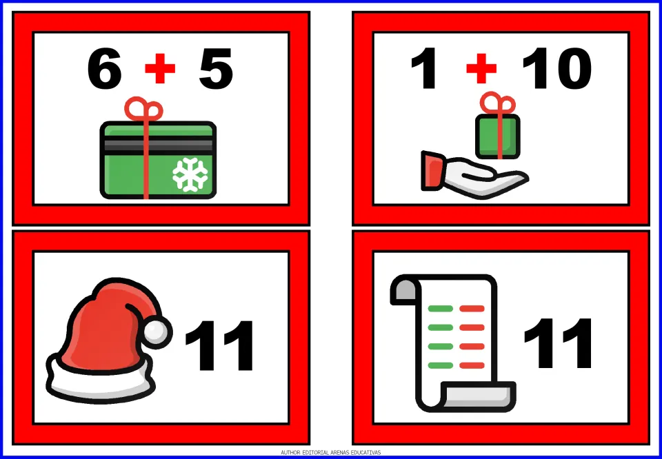 Christmas addition cards for 6 + 5 and 1 + 10, plus two sum cards showing 11 with a Santa hat and a list