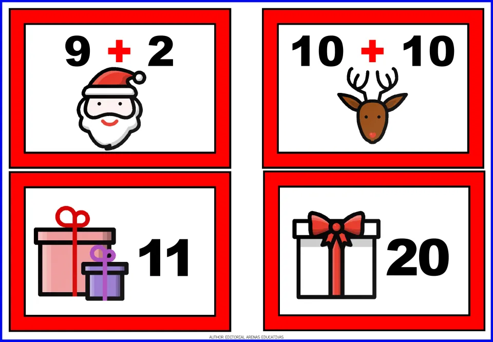 Christmas addition cards for 9 + 2 with Santa and 10 + 10 with a reindeer, plus gift sum cards showing 11 and 20