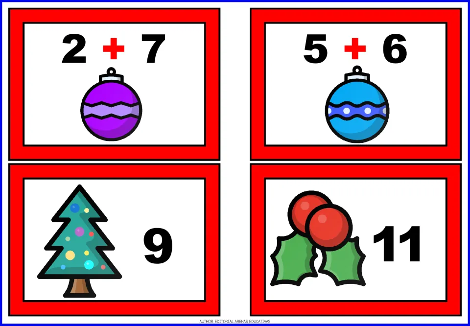 Christmas addition cards for 2 + 7 and 5 + 6, plus sum cards showing 9 with a Christmas tree and 11 with holly