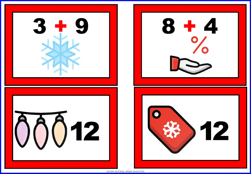 Christmas addition cards for 3 + 9 and 8 + 4, plus two sum cards showing 12 with string lights and a gift tag