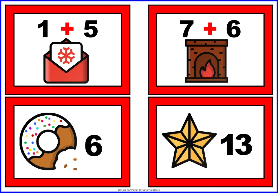 Christmas addition cards for 1 + 5 and 7 + 6, plus sum cards showing 6 with a doughnut and 13 with a star