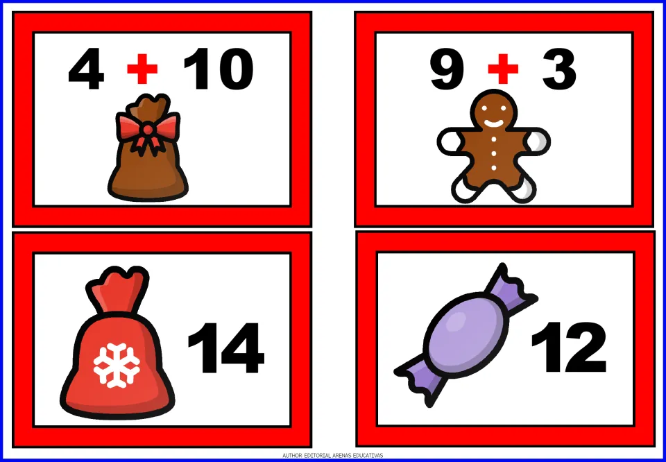 Christmas addition cards for 4 + 10 and 9 + 3, plus sum cards showing 14 with a gift sack and 12 with candy