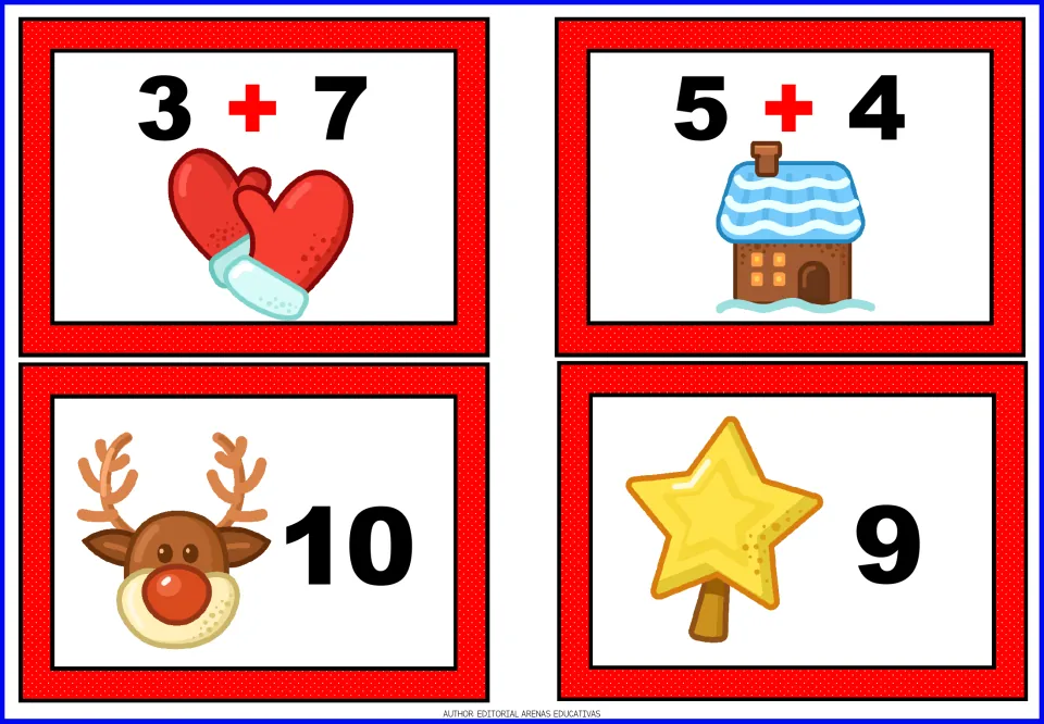 Christmas addition cards 1–4: 3 + 7 and 5 + 4 equation cards, plus separate sum cards showing 10 and 9.