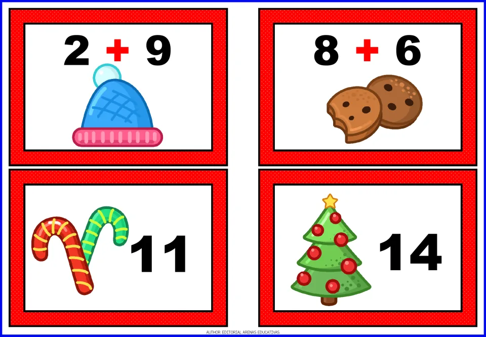 Christmas addition cards 5–8: 2 + 9 and 8 + 6 equation cards, plus separate sum cards showing 11 and 14.