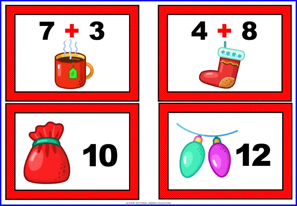 Christmas addition cards 9–12: 7 + 3 and 4 + 8 equation cards, plus separate sum cards showing 10 and 12.