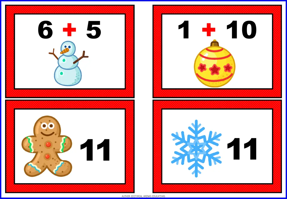 Christmas addition cards 13–16: 6 + 5 and 1 + 10 equation cards, plus two separate sum cards showing 11.