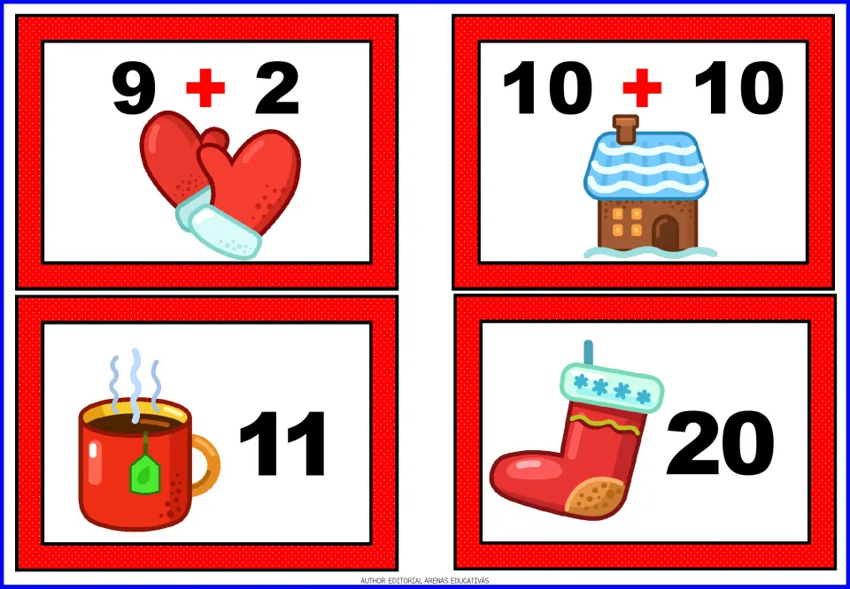 Christmas addition cards 17–20: 9 + 2 and 10 + 10 equation cards, plus separate sum cards showing 11 and 20.