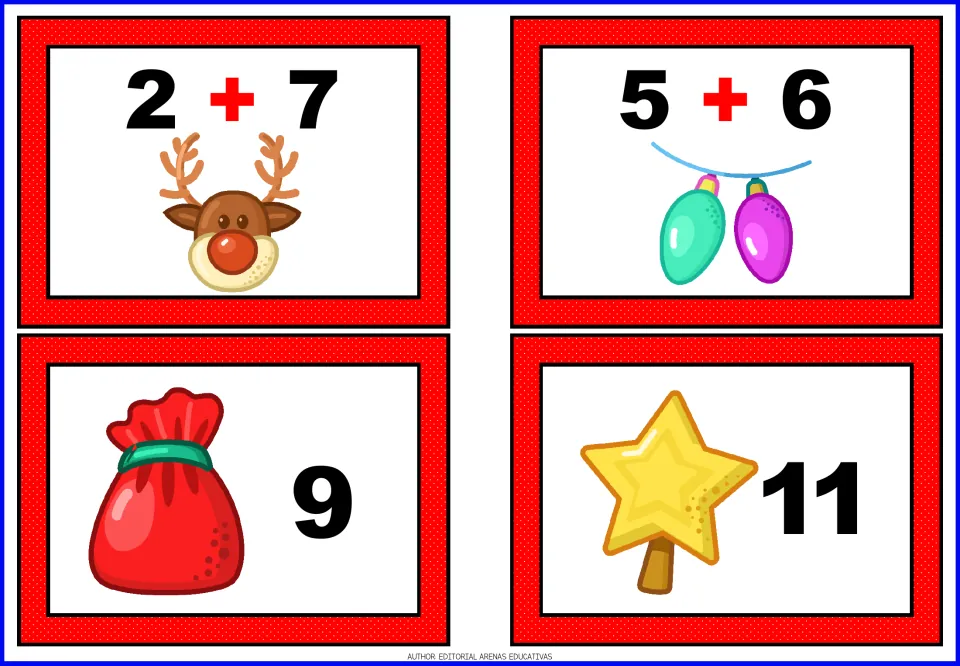 Christmas addition cards 21–24: 2 + 7 and 5 + 6 equation cards, plus separate sum cards showing 9 and 11.